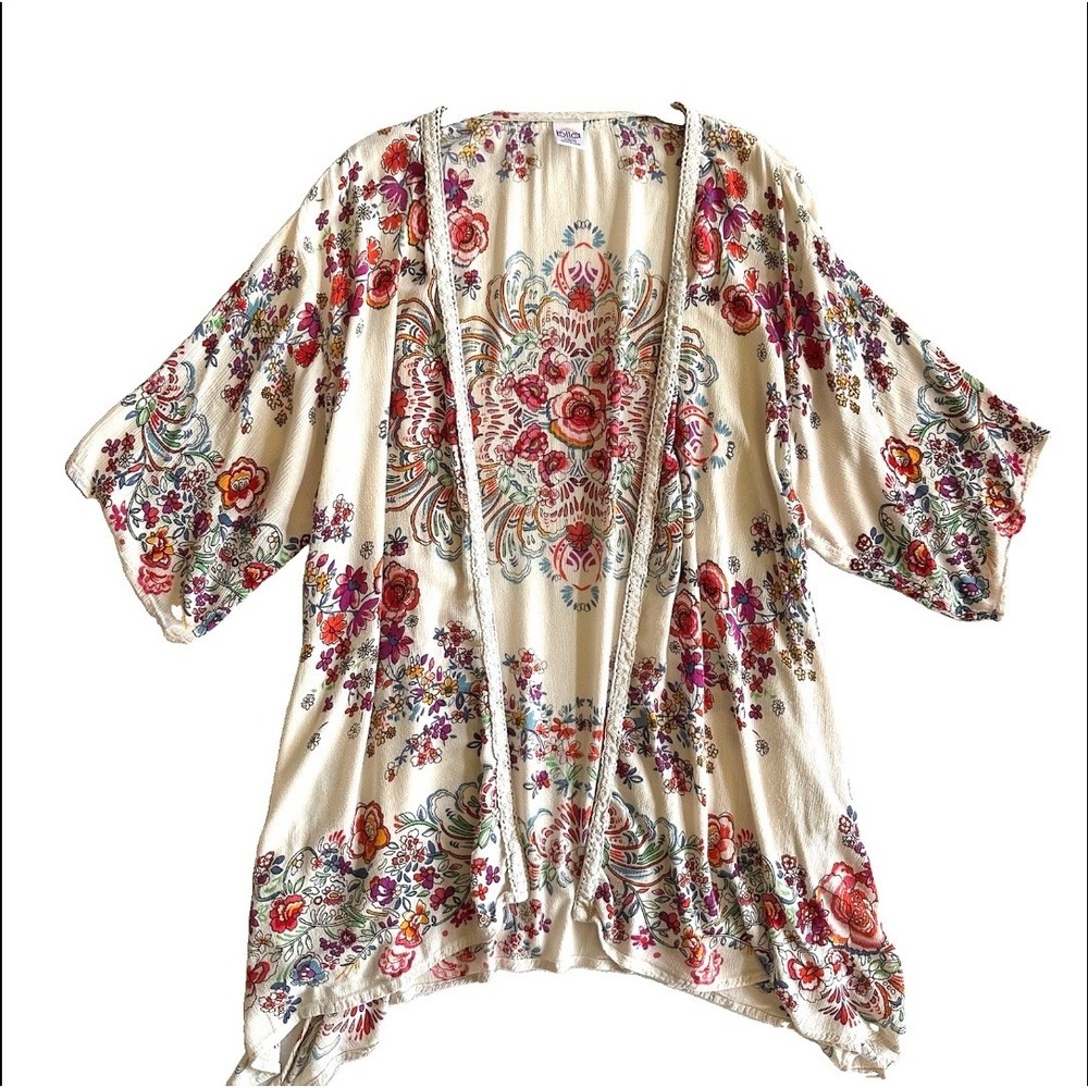 Bila XS/S Floral Mandala Kimono Rayon Crochet Trim Open Front Cardigan Cover Up